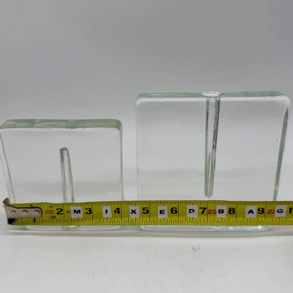 Set of 2 Square Glass Block Bud Vases Minimalist Green Tint Chipped Good